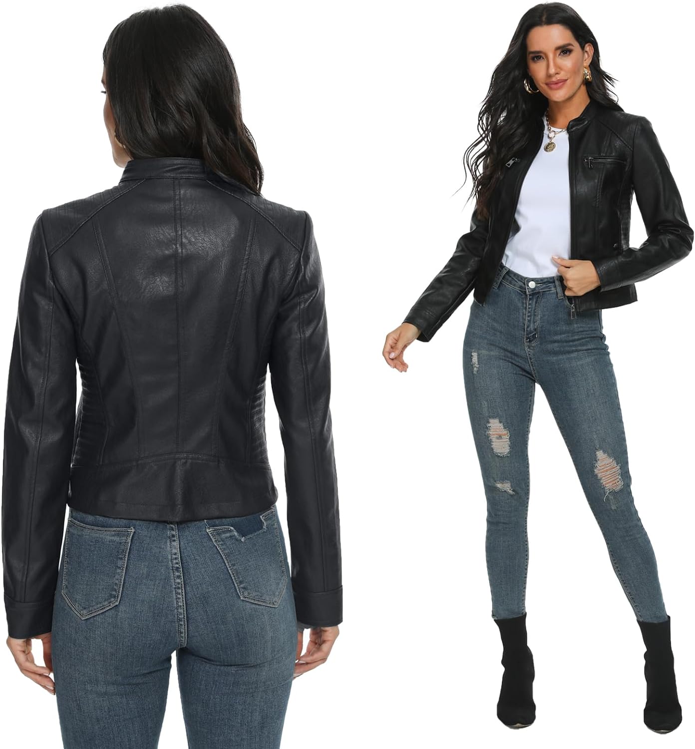 Fahsyee Women's Faux Leather Jackets, Zip Up Motorcycle Short PU Moto Biker Outwear Fitted Slim Coat