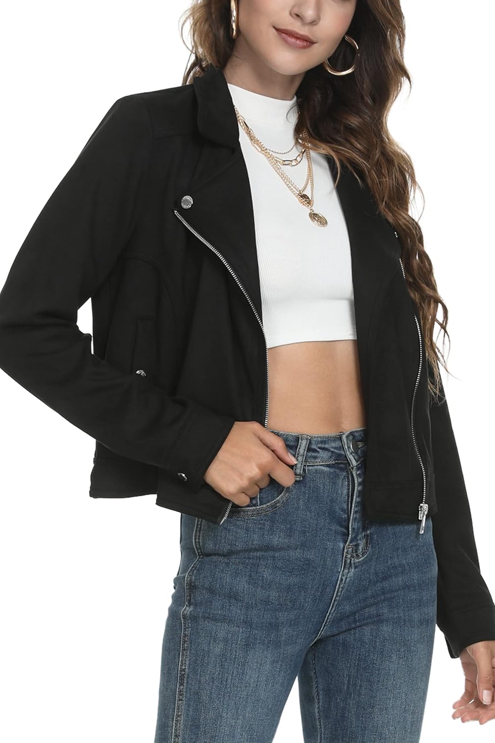 Fahsyee Women's Faux Leather Jackets, Zip Up Motorcycle Short PU Moto Biker Outwear Fitted Slim Coat