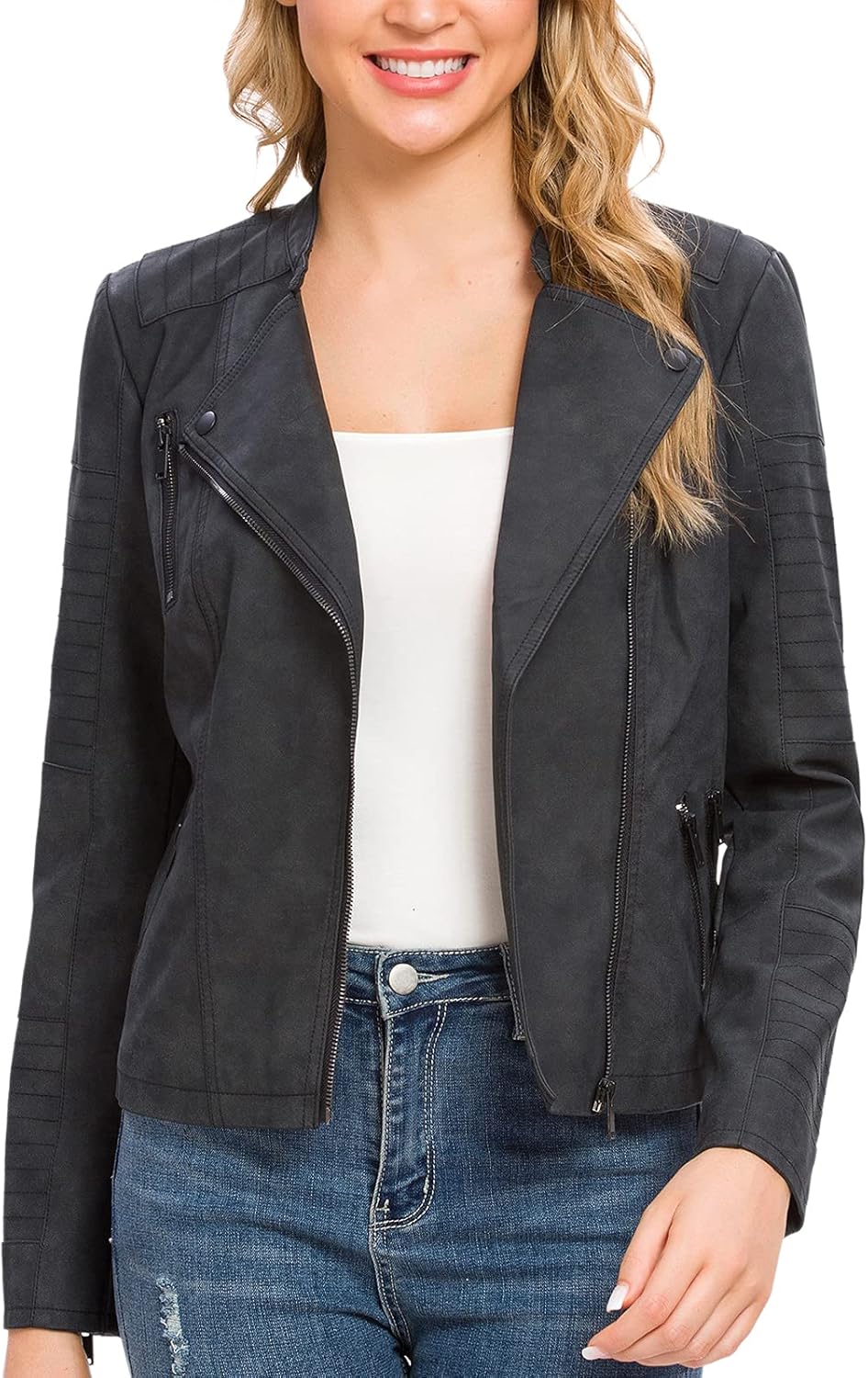 Fahsyee Women's Faux Leather Jackets, Zip Up Motorcycle Short PU Moto Biker Outwear Fitted Slim Coat