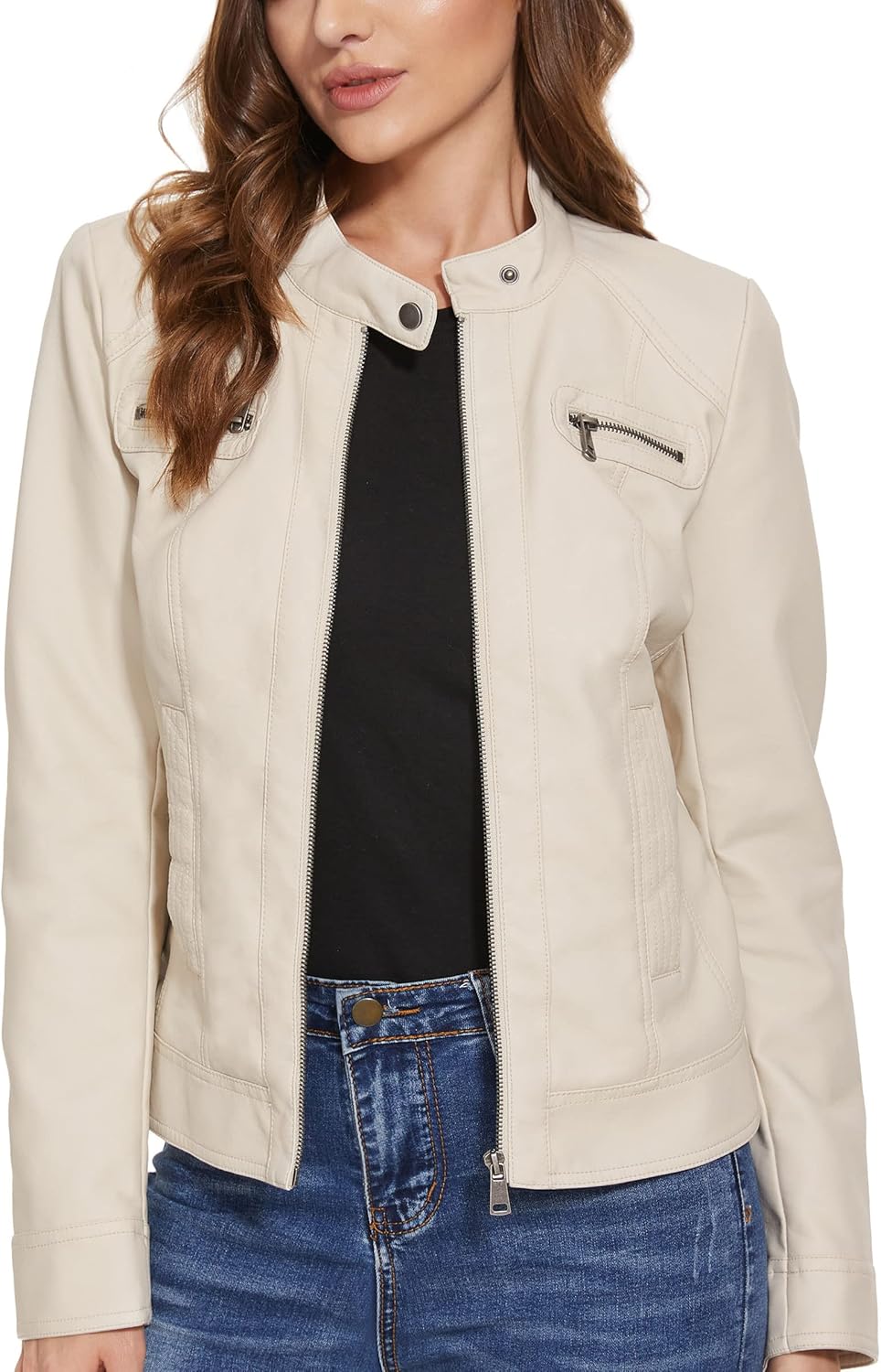 Fahsyee Women's Faux Leather Jackets, Zip Up Motorcycle Short PU Moto Biker Outwear Fitted Slim Coat