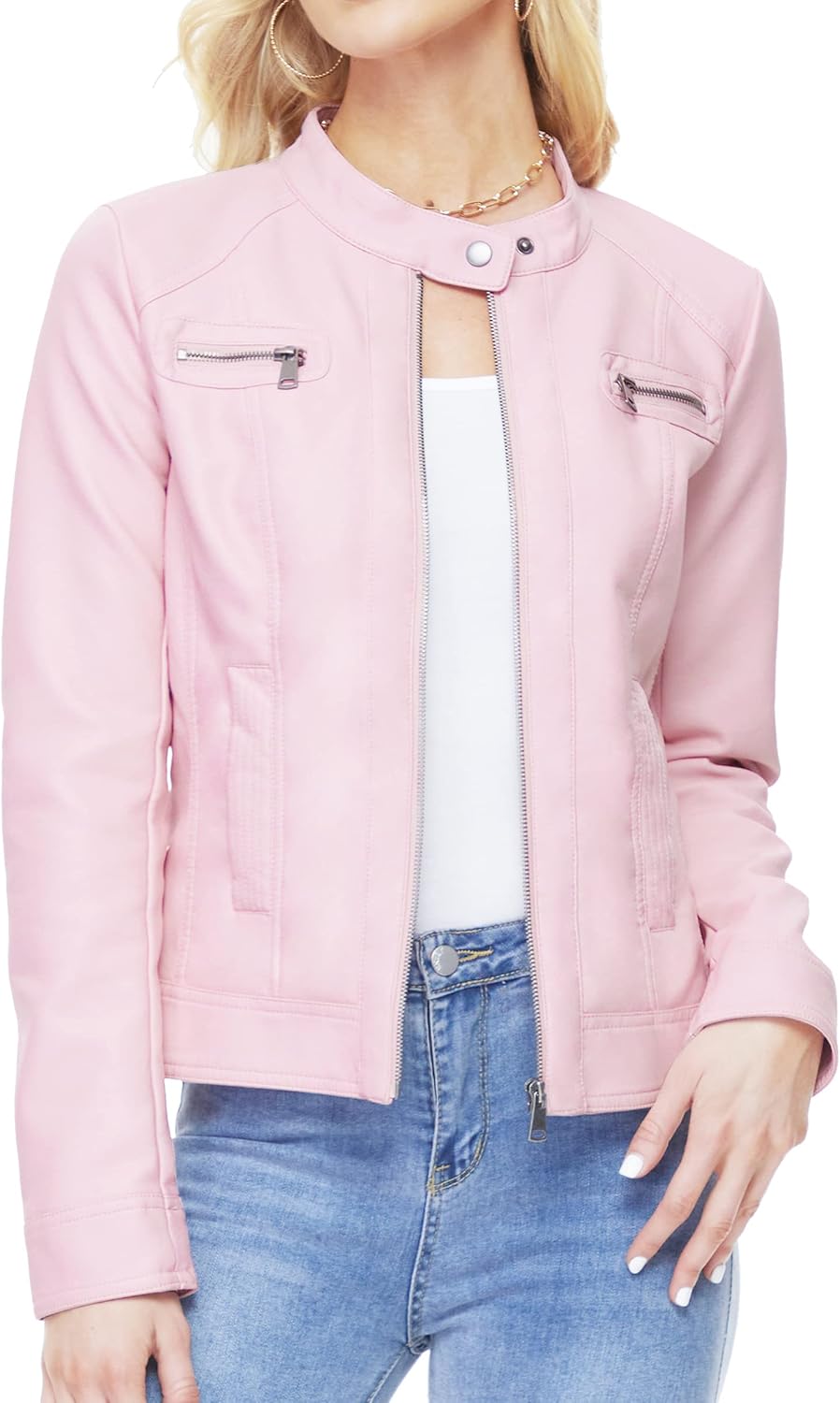 Fahsyee Women's Faux Leather Jackets, Zip Up Motorcycle Short PU Moto Biker Outwear Fitted Slim Coat