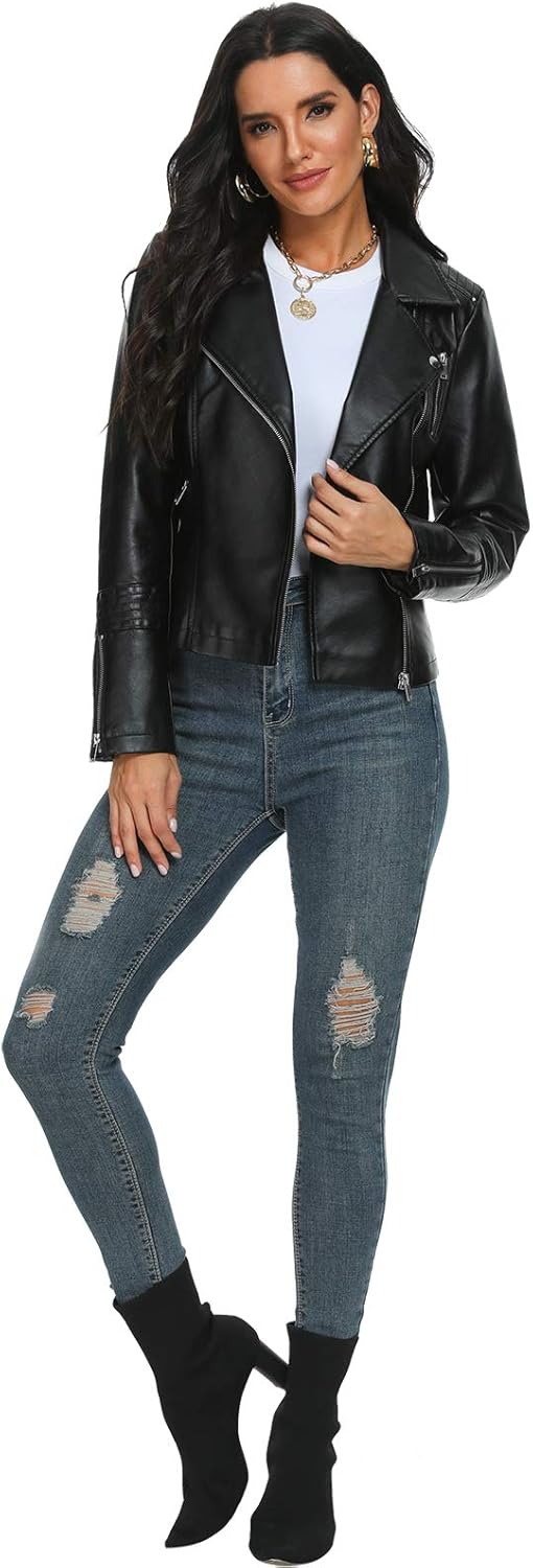 Fahsyee Women's Leather Jackets, Faux Motorcycle Plus Size Moto Biker Coat Short Lightweight Vegan Pleather Fashion