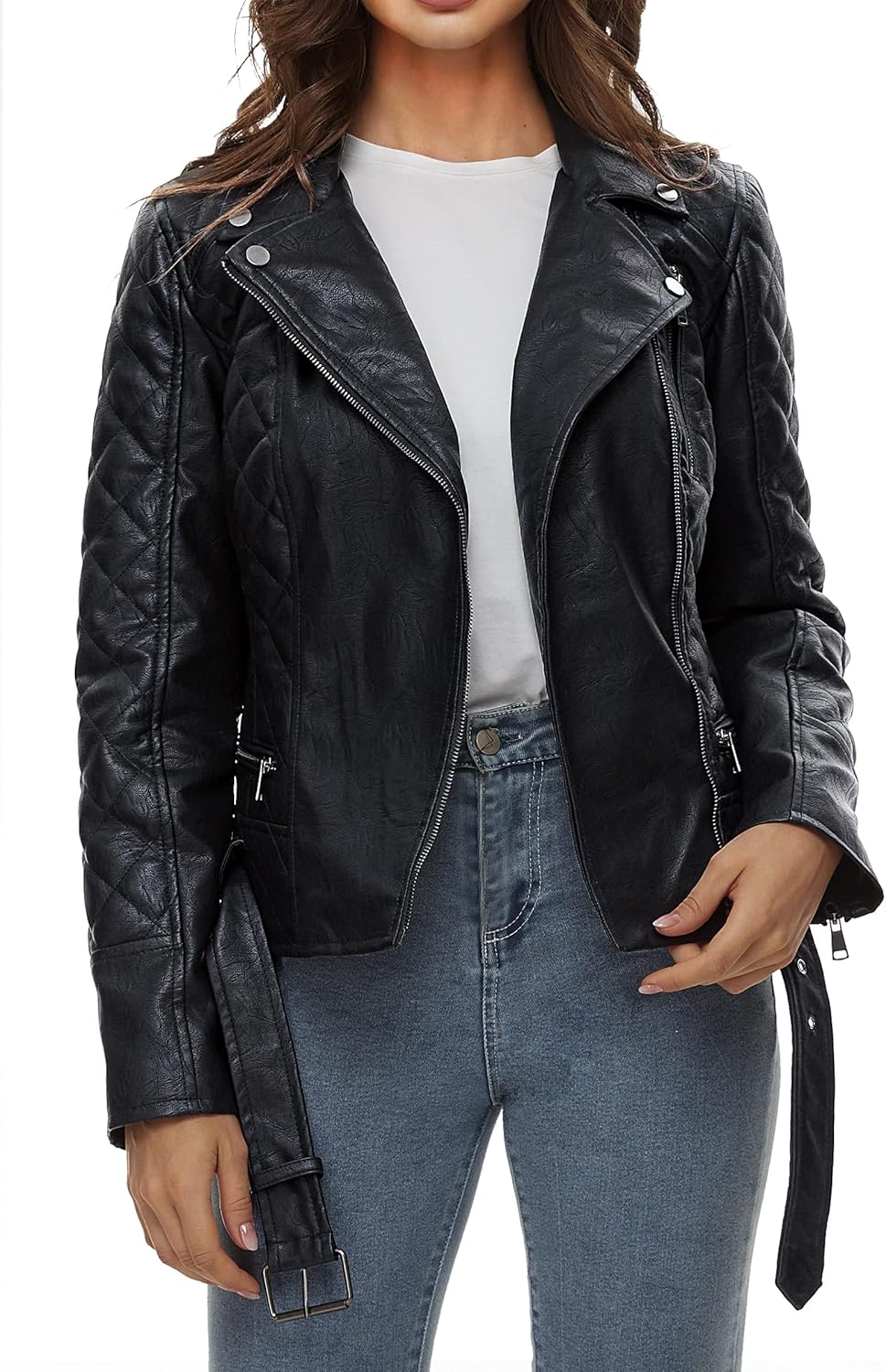 Fahsyee Women's Leather Jackets, Faux Motorcycle Plus Size Moto Biker Coat Short Lightweight Vegan Pleather Fashion