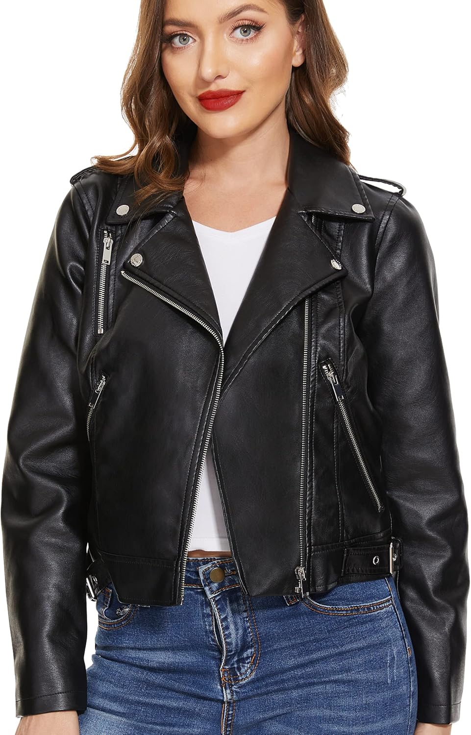 Fahsyee Women's Leather Jackets, Faux Motorcycle Plus Size Moto Biker Coat Short Lightweight Vegan Pleather Fashion