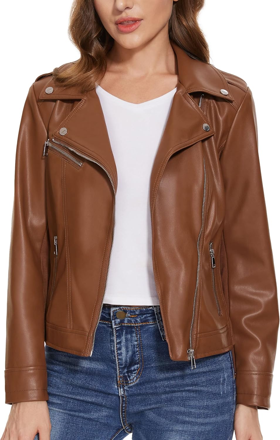 Fahsyee Women's Leather Jackets, Faux Motorcycle Plus Size Moto Biker Coat Short Lightweight Vegan Pleather Fashion