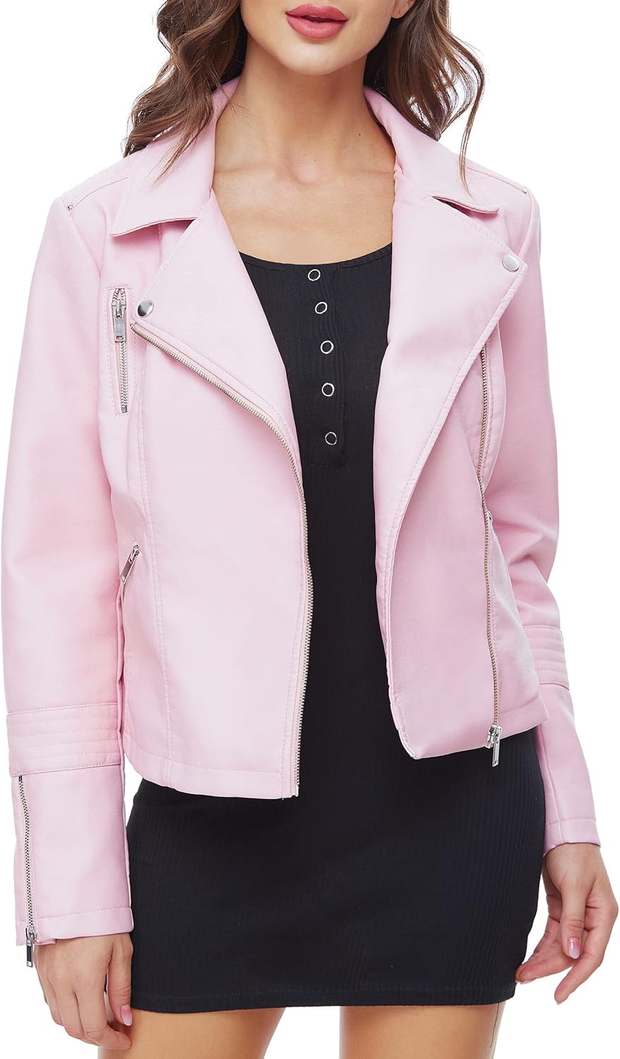 Fahsyee Women's Leather Jackets, Faux Motorcycle Plus Size Moto Biker Coat Short Lightweight Vegan Pleather Fashion