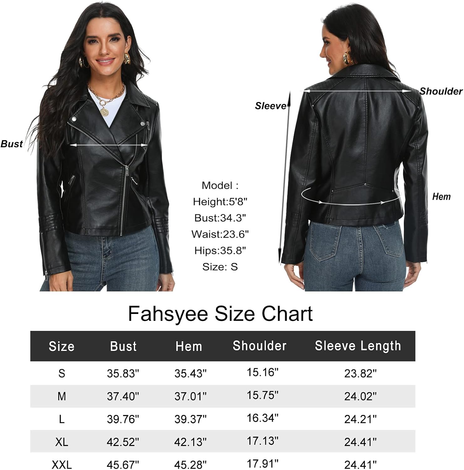 Fahsyee Women's Leather Jackets, Faux Motorcycle Plus Size Moto Biker Coat Short Lightweight Vegan Pleather Fashion
