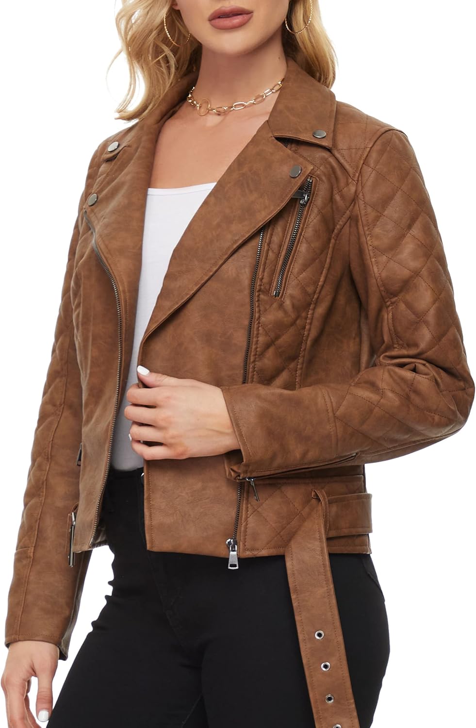 Fahsyee Women's Leather Jackets, Faux Motorcycle Plus Size Moto Biker Coat Short Lightweight Vegan Pleather Fashion