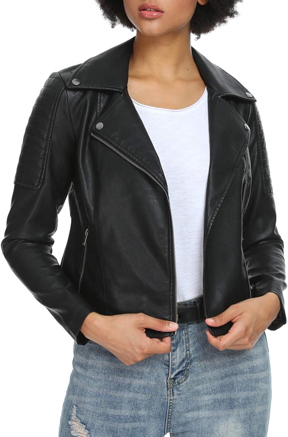 Fahsyee Women's Leather Jackets, Faux Motorcycle Plus Size Moto Biker Coat Short Lightweight Vegan Pleather Fashion