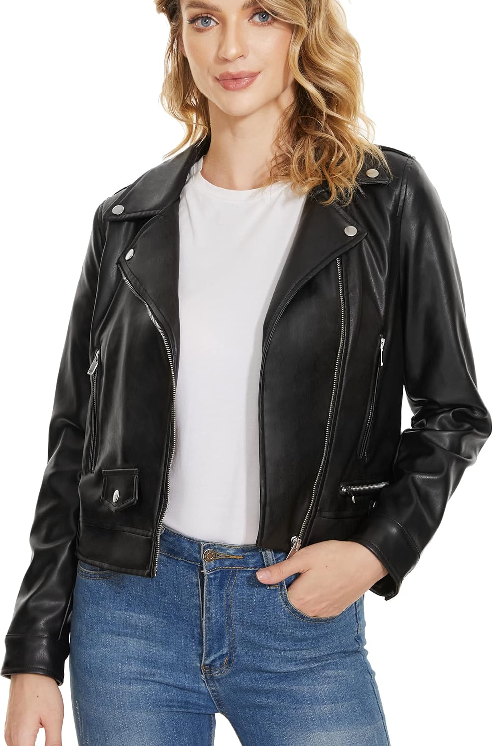 Fahsyee Women's Leather Jackets, Faux Motorcycle Plus Size Moto Biker Coat Short Lightweight Vegan Pleather Fashion