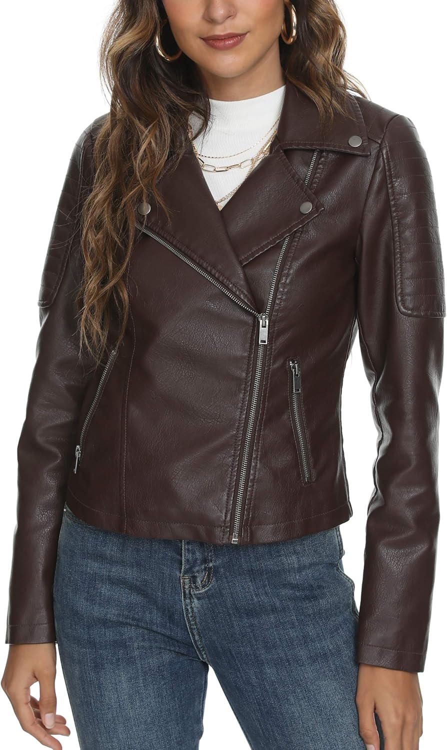 Fahsyee Women's Leather Jackets, Faux Motorcycle Plus Size Moto Biker Coat Short Lightweight Vegan Pleather Fashion