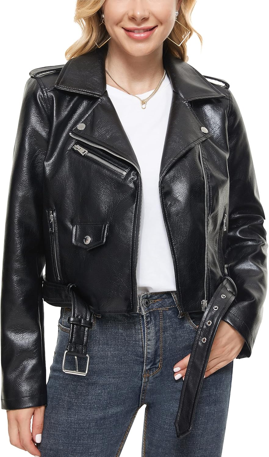 Fahsyee Women's Leather Jackets, Faux Motorcycle Plus Size Moto Biker Coat Short Lightweight Vegan Pleather Fashion