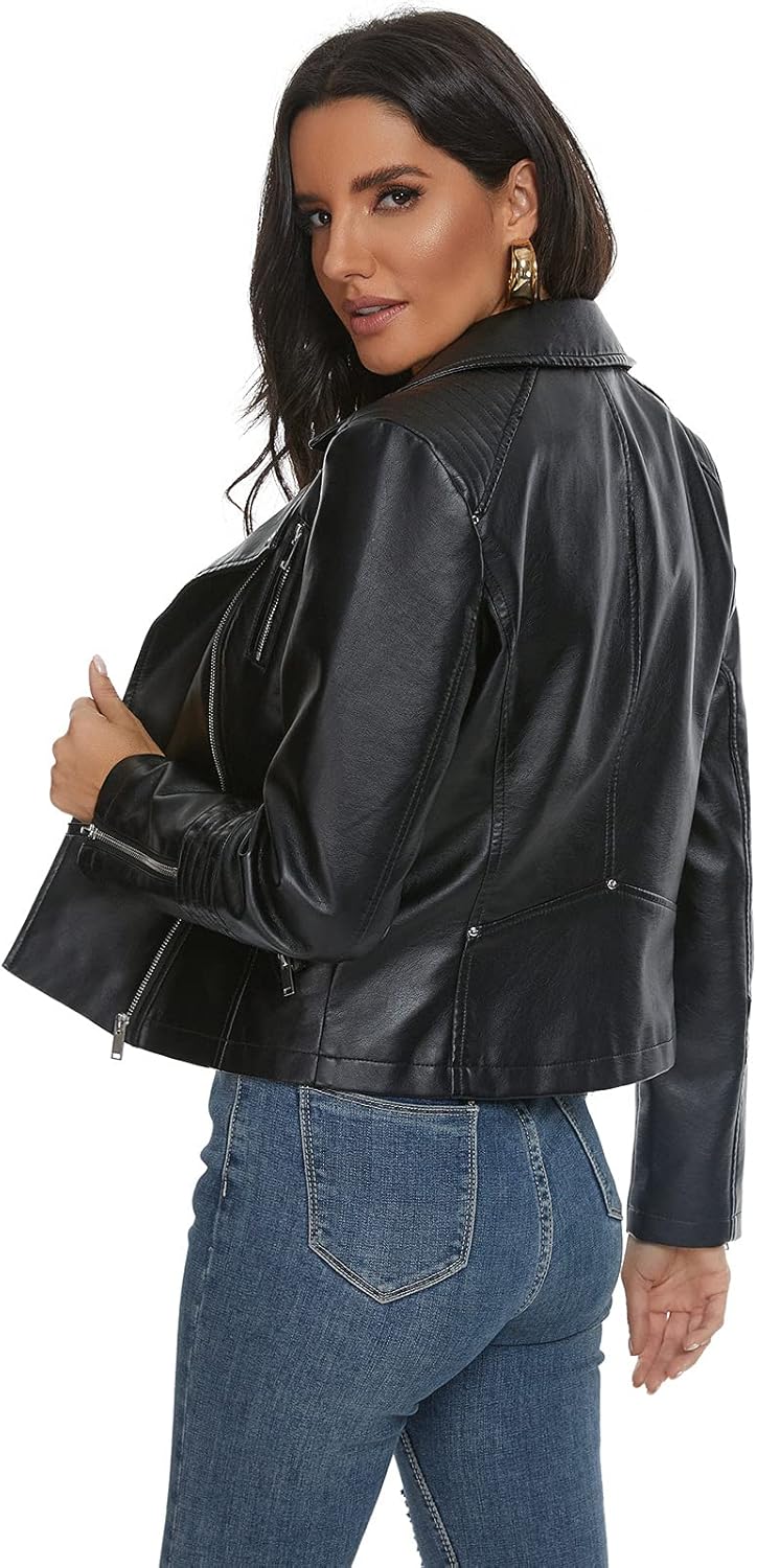 Fahsyee Women's Leather Jackets, Faux Motorcycle Plus Size Moto Biker Coat Short Lightweight Vegan Pleather Fashion