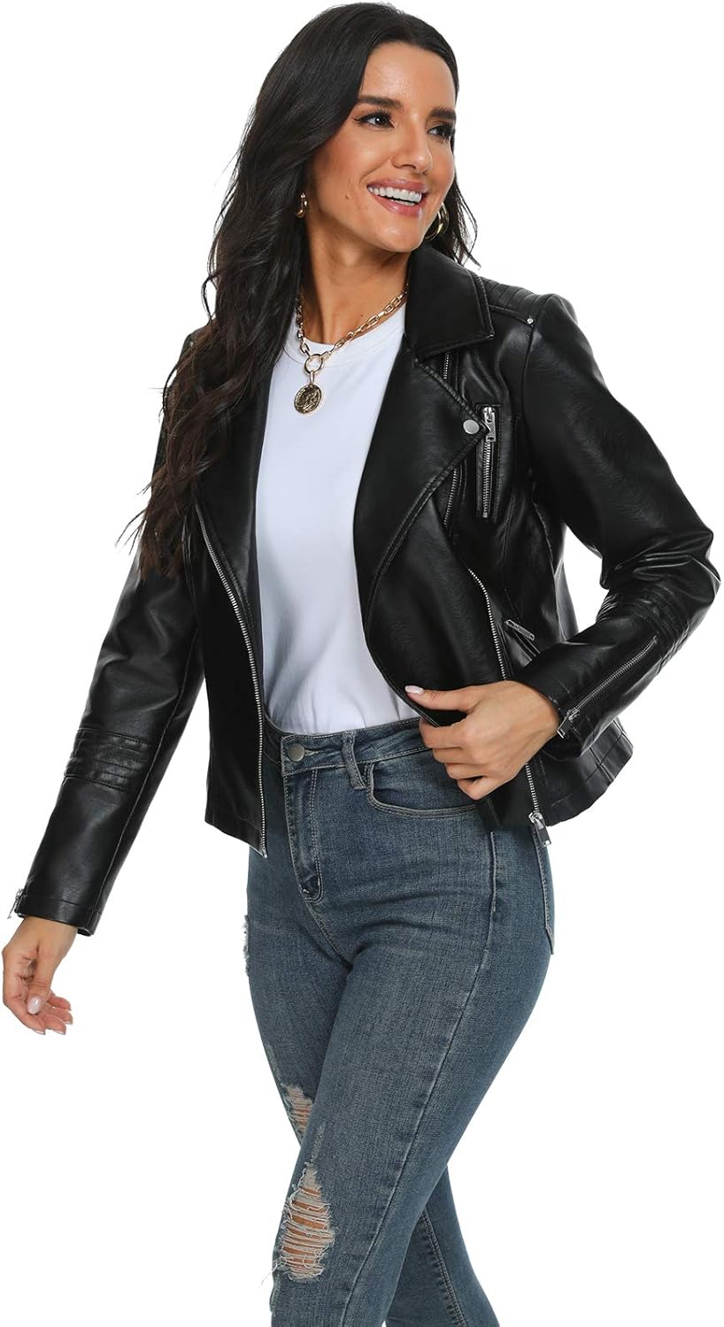 Fahsyee Women's Leather Jackets, Faux Motorcycle Plus Size Moto Biker Coat Short Lightweight Vegan Pleather Fashion