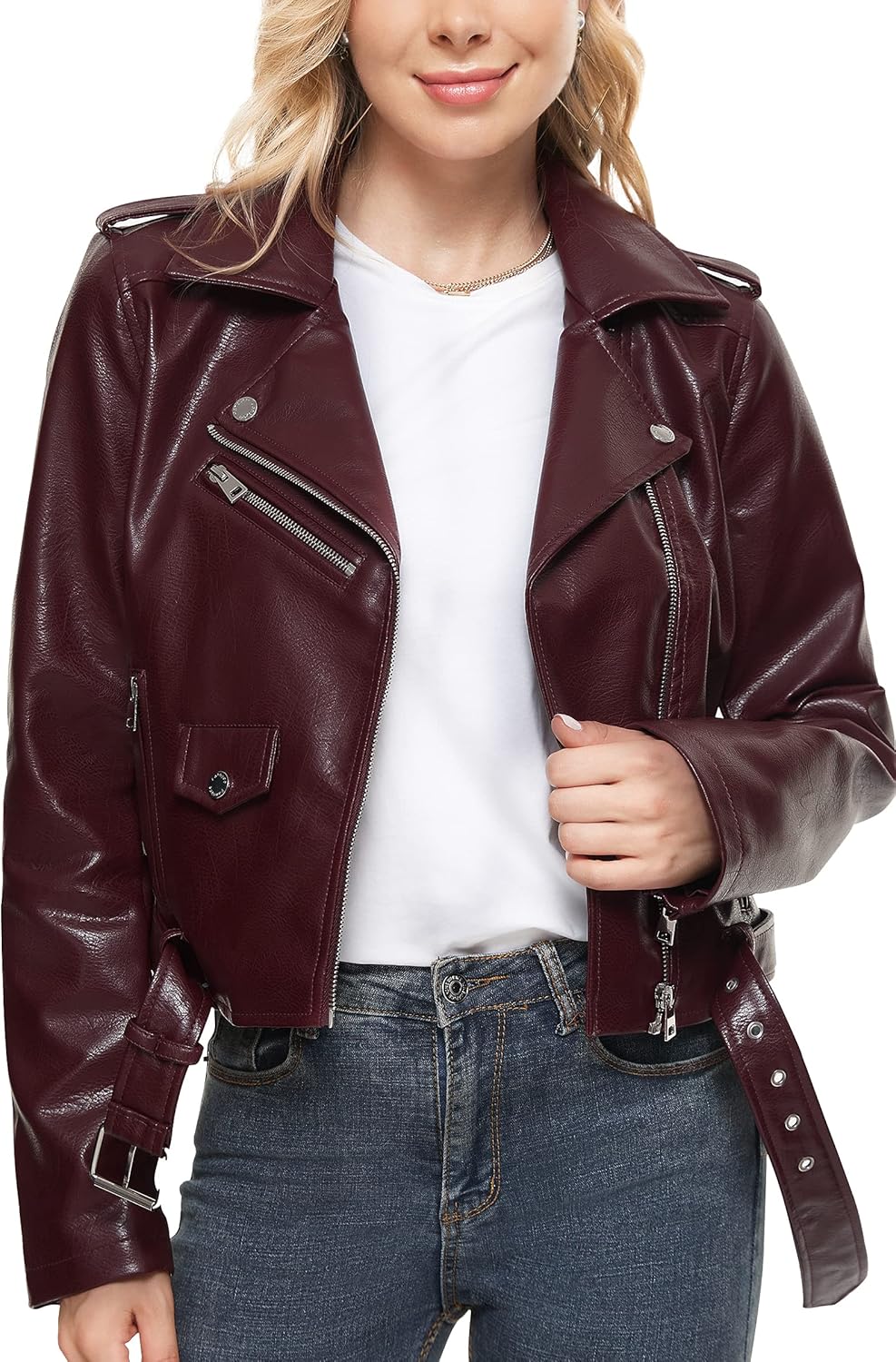 Fahsyee Women's Leather Jackets, Faux Motorcycle Plus Size Moto Biker Coat Short Lightweight Vegan Pleather Fashion