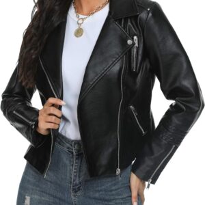 Fahsyee Women's Leather Jackets, Faux Motorcycle Plus Size Moto Biker Coat Short Lightweight Vegan Pleather Fashion