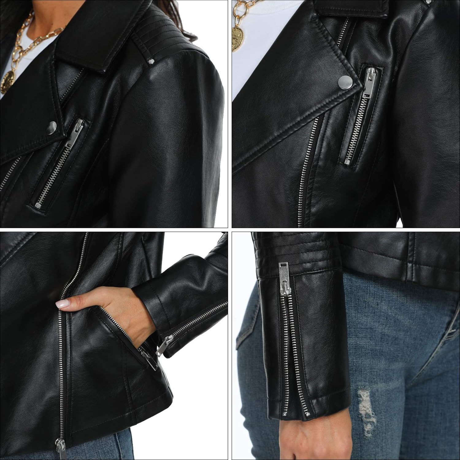 Fahsyee Women's Leather Jackets, Faux Motorcycle Plus Size Moto Biker Coat Short Lightweight Vegan Pleather Fashion