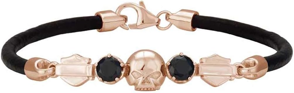 Harley-Davidson Women's Rose Gold Skull & Stone Leather Bracelet HDB0430-6.5