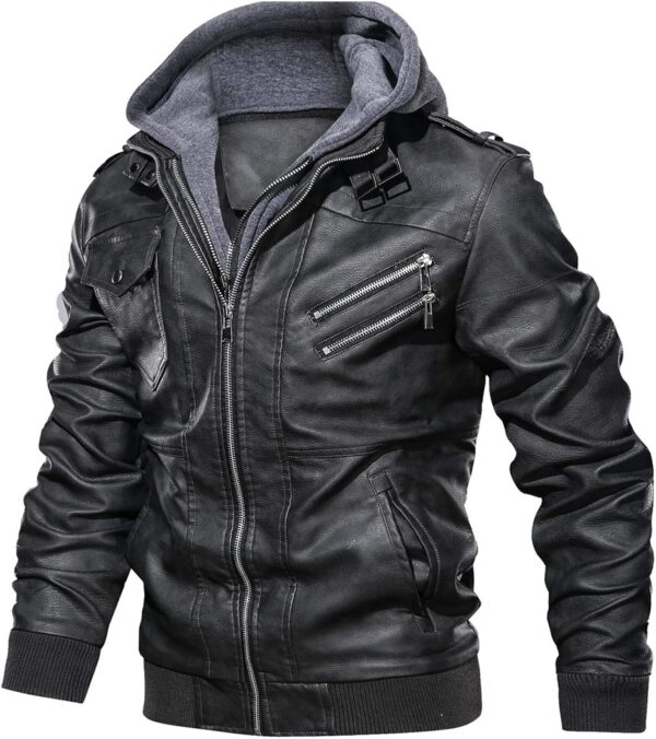 HOOD CREW Men\u2019s Casual Stand Collar PU Faux Leather Zip-Up Motorcycle Bomber Jacket With a Removable Hood