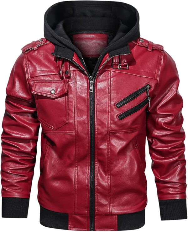 HOOD CREW Men\u2019s Casual Stand Collar PU Faux Leather Zip-Up Motorcycle Bomber Jacket With a Removable Hood
