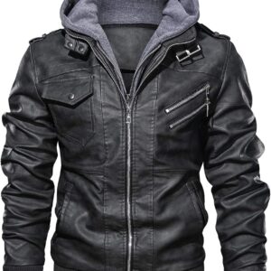 HOOD CREW Men\u2019s Casual Stand Collar PU Faux Leather Zip-Up Motorcycle Bomber Jacket With a Removable Hood