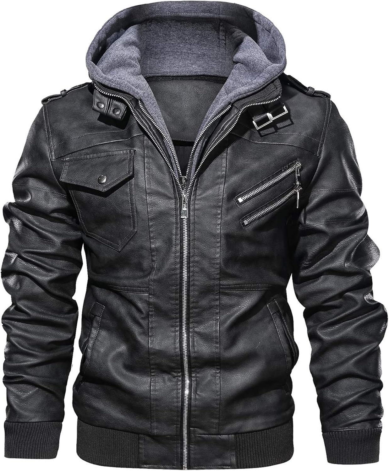 HOOD CREW Men\u2019s Casual Stand Collar PU Faux Leather Zip-Up Motorcycle Bomber Jacket With a Removable Hood