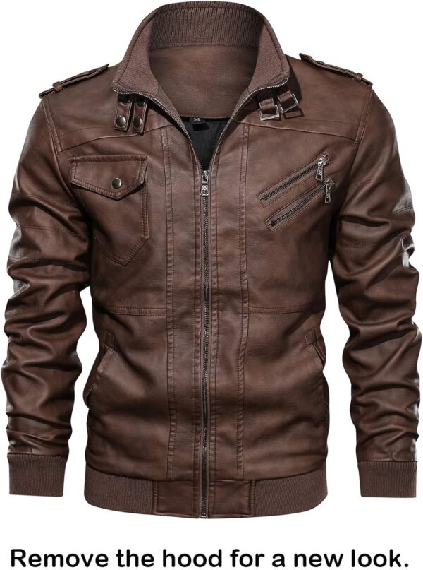 HOOD CREW Men\u2019s Casual Stand Collar PU Faux Leather Zip-Up Motorcycle Bomber Jacket With a Removable Hood