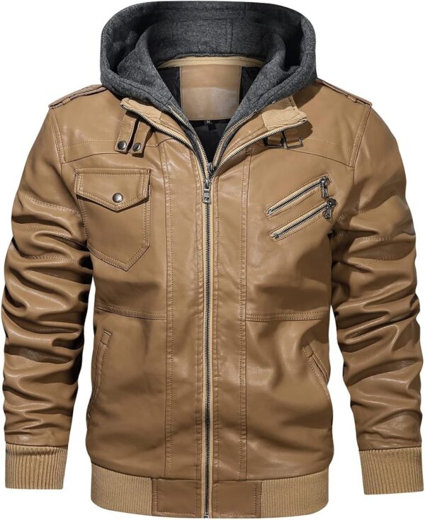 HOOD CREW Men\u2019s Casual Stand Collar PU Faux Leather Zip-Up Motorcycle Bomber Jacket With a Removable Hood