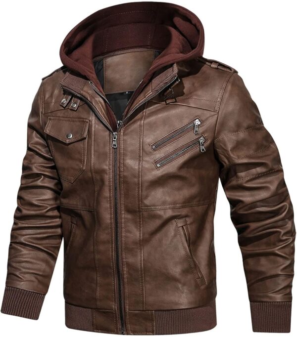 HOOD CREW Men\u2019s Casual Stand Collar PU Faux Leather Zip-Up Motorcycle Bomber Jacket With a Removable Hood