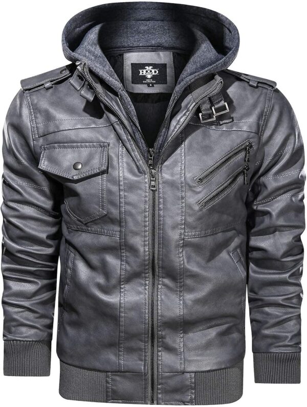 HOOD CREW Men\u2019s Casual Stand Collar PU Faux Leather Zip-Up Motorcycle Bomber Jacket With a Removable Hood