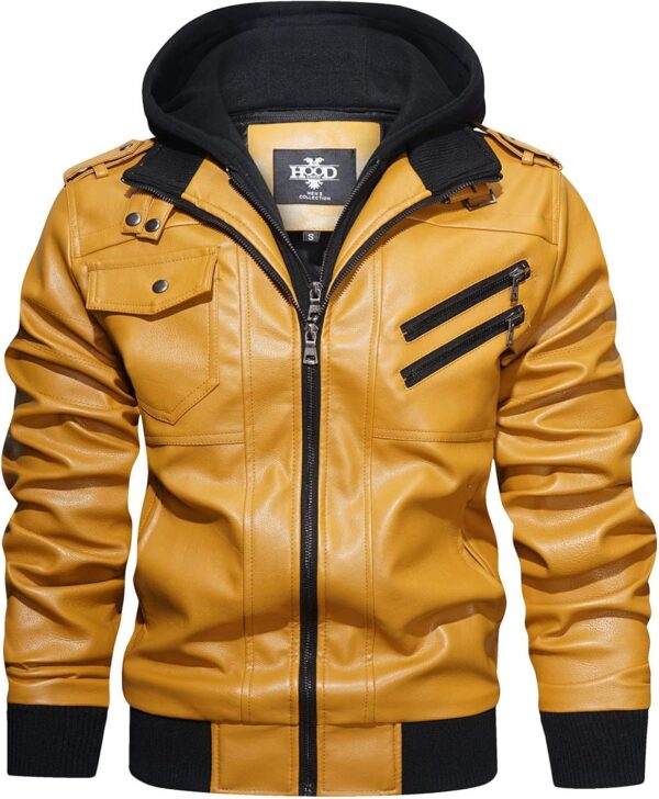 HOOD CREW Men\u2019s Casual Stand Collar PU Faux Leather Zip-Up Motorcycle Bomber Jacket With a Removable Hood