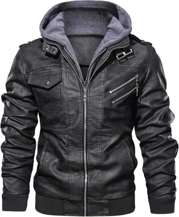 HOOD CREW Men\u2019s Casual Stand Collar PU Faux Leather Zip-Up Motorcycle Bomber Jacket With a Removable Hood