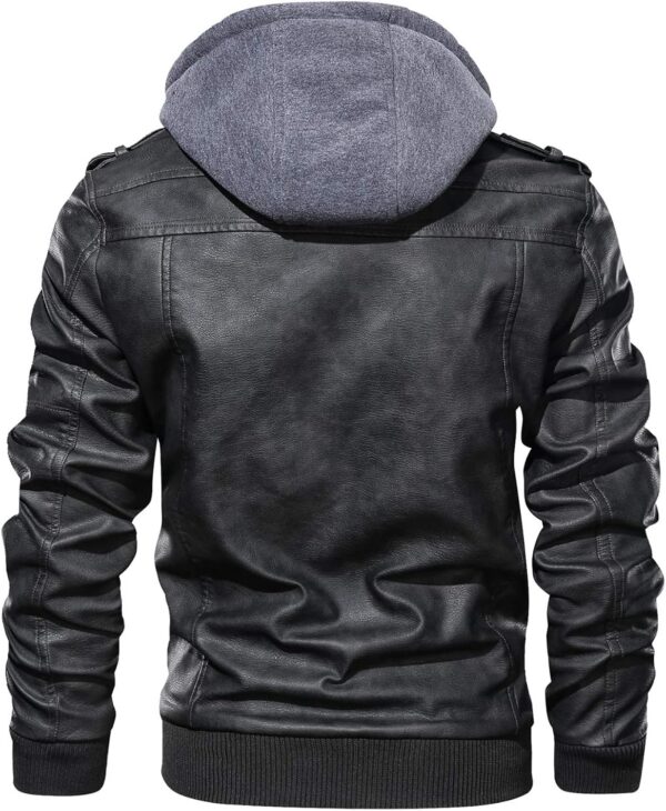 HOOD CREW Men\u2019s Casual Stand Collar PU Faux Leather Zip-Up Motorcycle Bomber Jacket With a Removable Hood