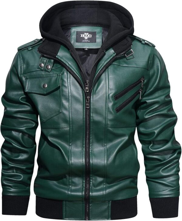 HOOD CREW Men\u2019s Casual Stand Collar PU Faux Leather Zip-Up Motorcycle Bomber Jacket With a Removable Hood