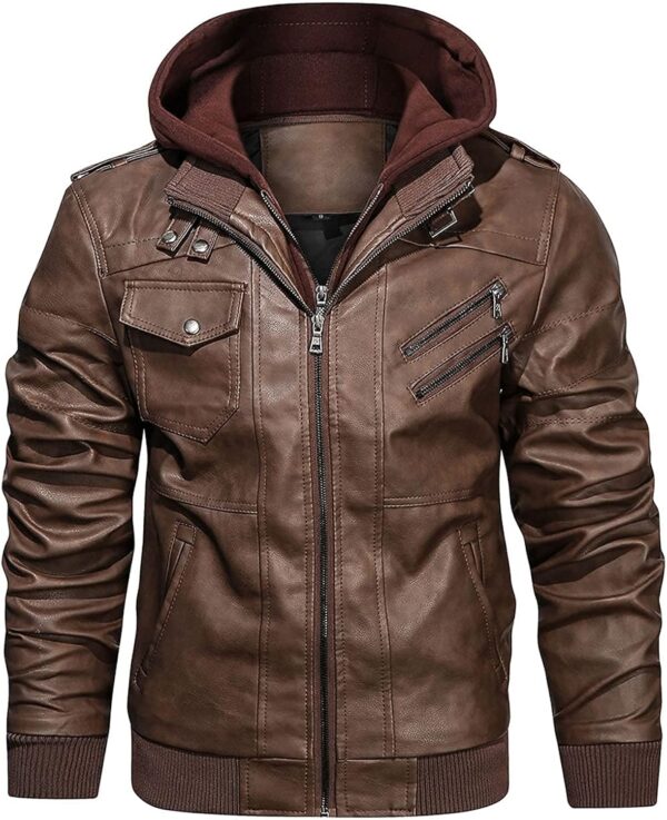 HOOD CREW Men\u2019s Casual Stand Collar PU Faux Leather Zip-Up Motorcycle Bomber Jacket With a Removable Hood
