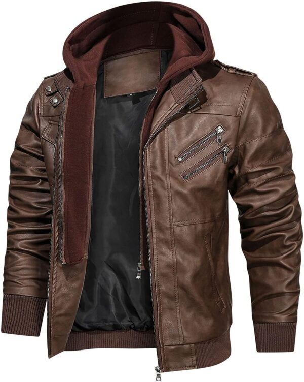 HOOD CREW Men\u2019s Casual Stand Collar PU Faux Leather Zip-Up Motorcycle Bomber Jacket With a Removable Hood