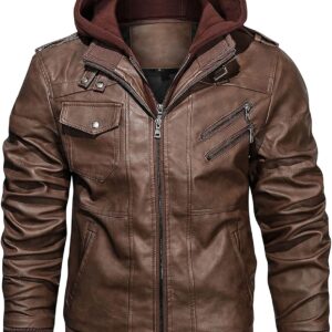 HOOD CREW Men\u2019s Casual Stand Collar PU Faux Leather Zip-Up Motorcycle Bomber Jacket With a Removable Hood