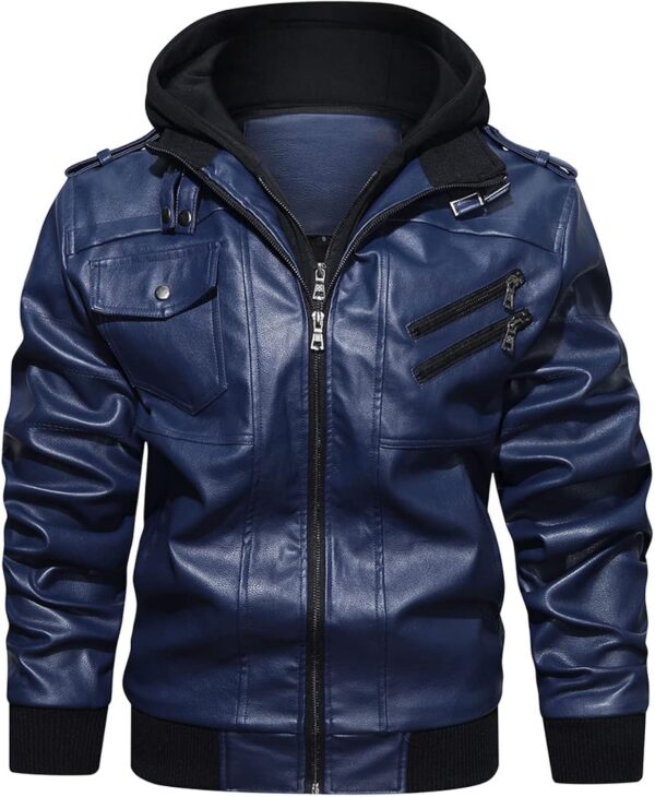 HOOD CREW Men\u2019s Casual Stand Collar PU Faux Leather Zip-Up Motorcycle Bomber Jacket With a Removable Hood
