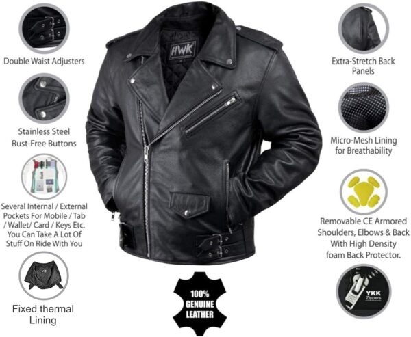 HWK Brando Leather Motorcycle Jacket for Men, Genuine Black Leather Jacket with Removable CE Armor & Micro Polyester Thermal Lining for Weather & Water Resistant Enduro Motorbike Riding - 4X-Large
