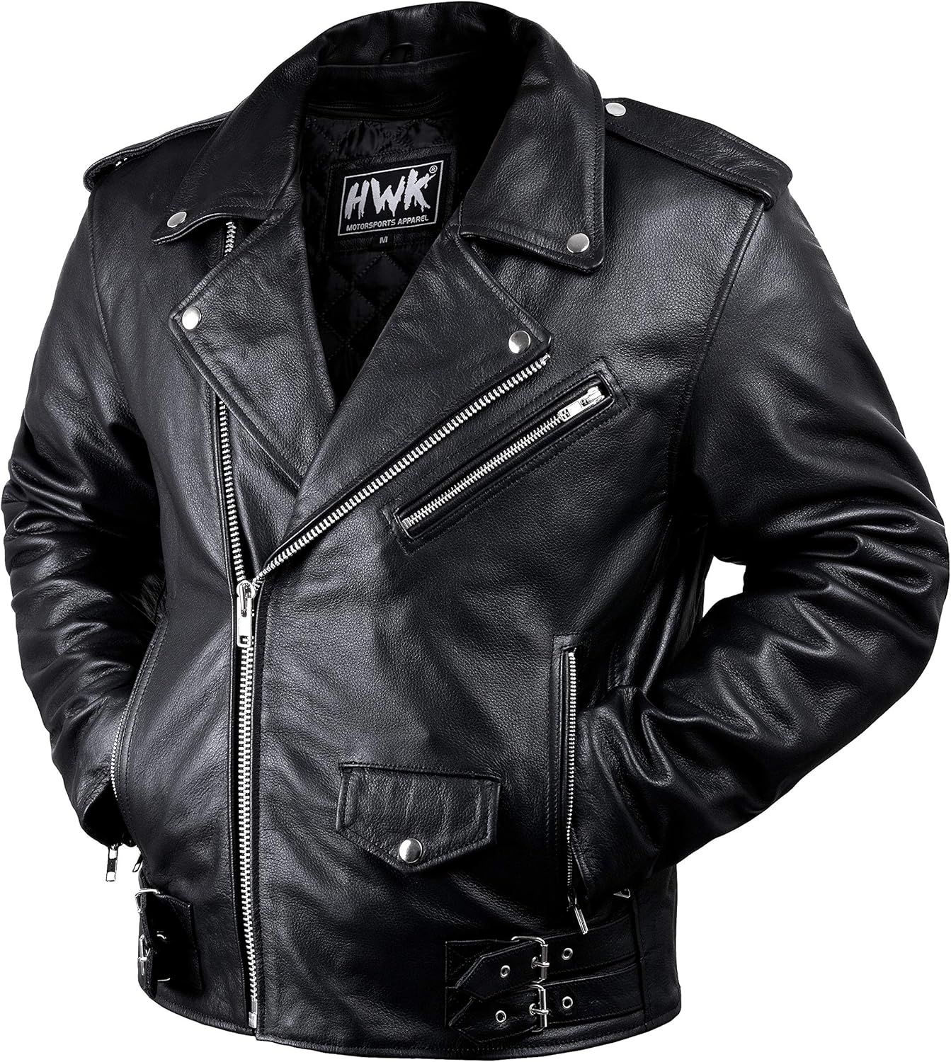 HWK Brando Leather Motorcycle Jacket for Men, Genuine Black Leather Jacket with Removable CE Armor & Micro Polyester Thermal Lining for Weather & Water Resistant Enduro Motorbike Riding - 4X-Large