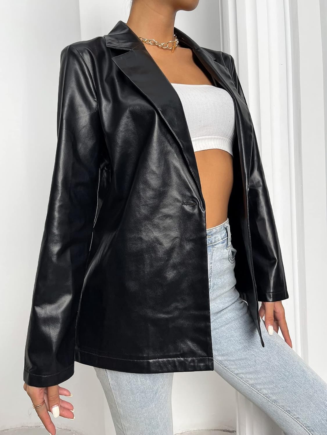 MakeMeChic Women's Faux Leather Blazer Jacket Lapel Collar Pleather Coat Outerwear