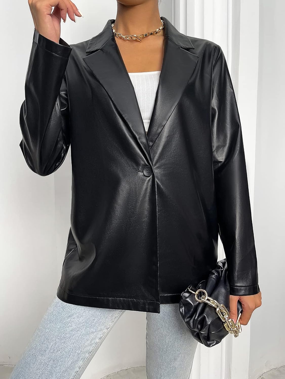 MakeMeChic Women's Faux Leather Blazer Jacket Lapel Collar Pleather Coat Outerwear