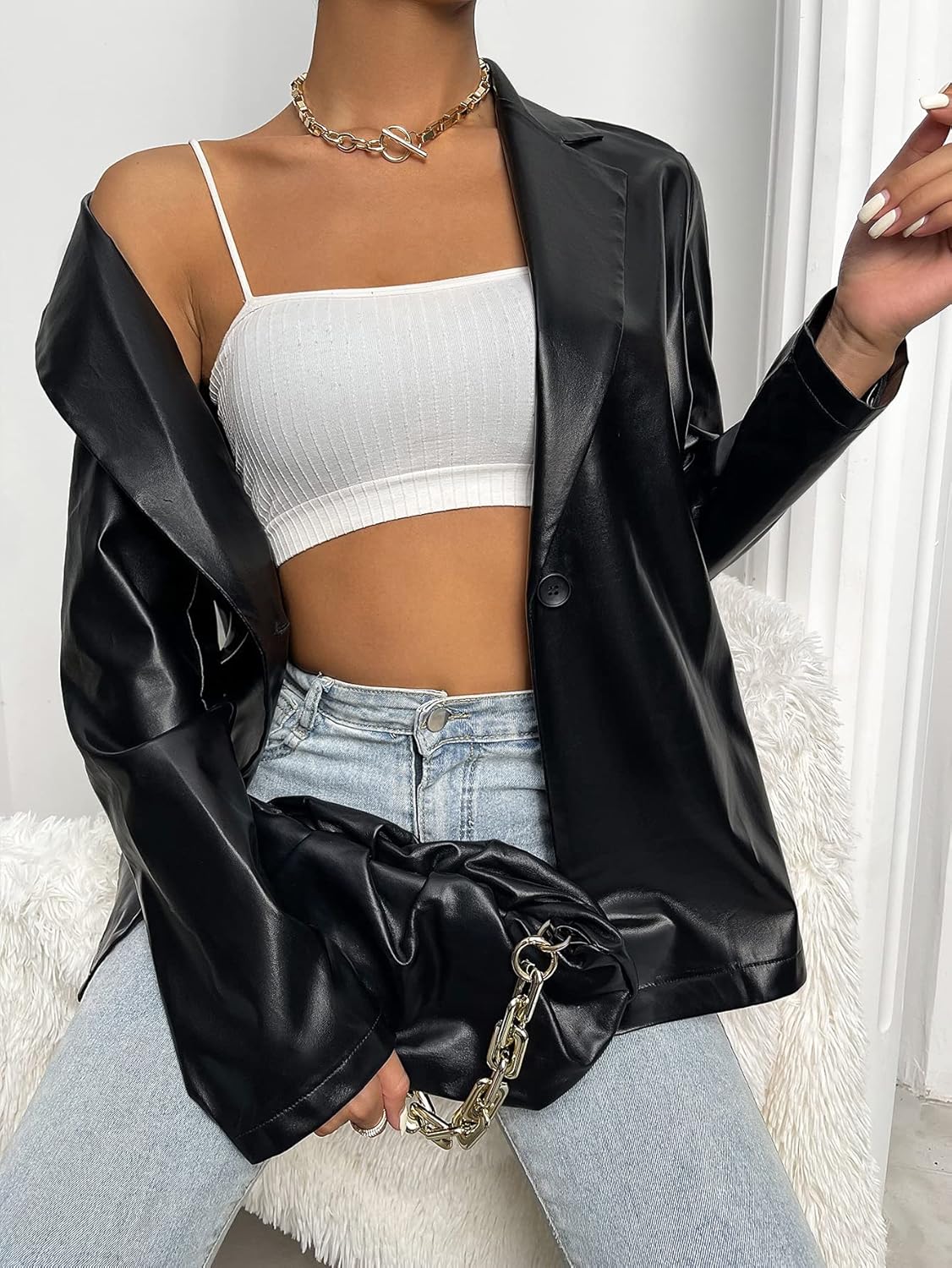 MakeMeChic Women's Faux Leather Blazer Jacket Lapel Collar Pleather Coat Outerwear