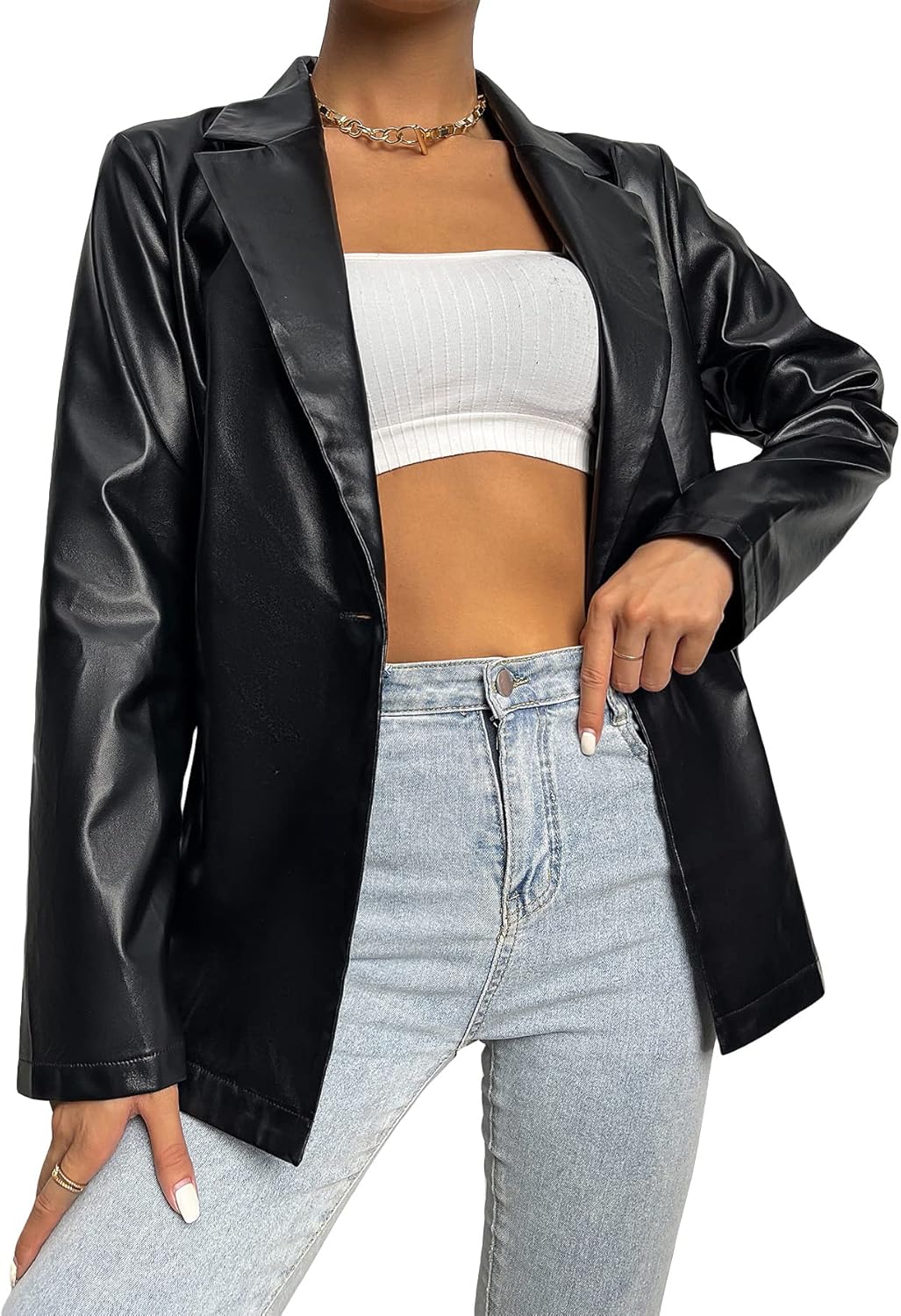 MakeMeChic Women's Faux Leather Blazer Jacket Lapel Collar Pleather Coat Outerwear