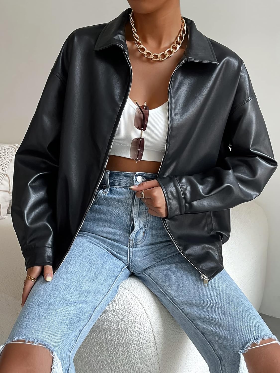 MakeMeChic Women's Faux Leather Shacket Long Sleeve Zip Up Motorcycle Jacket Biker Coat