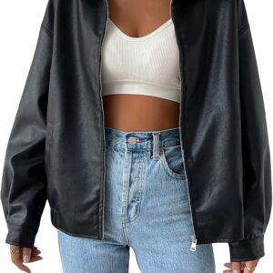 MakeMeChic Women's Faux Leather Shacket Long Sleeve Zip Up Motorcycle Jacket Biker Coat