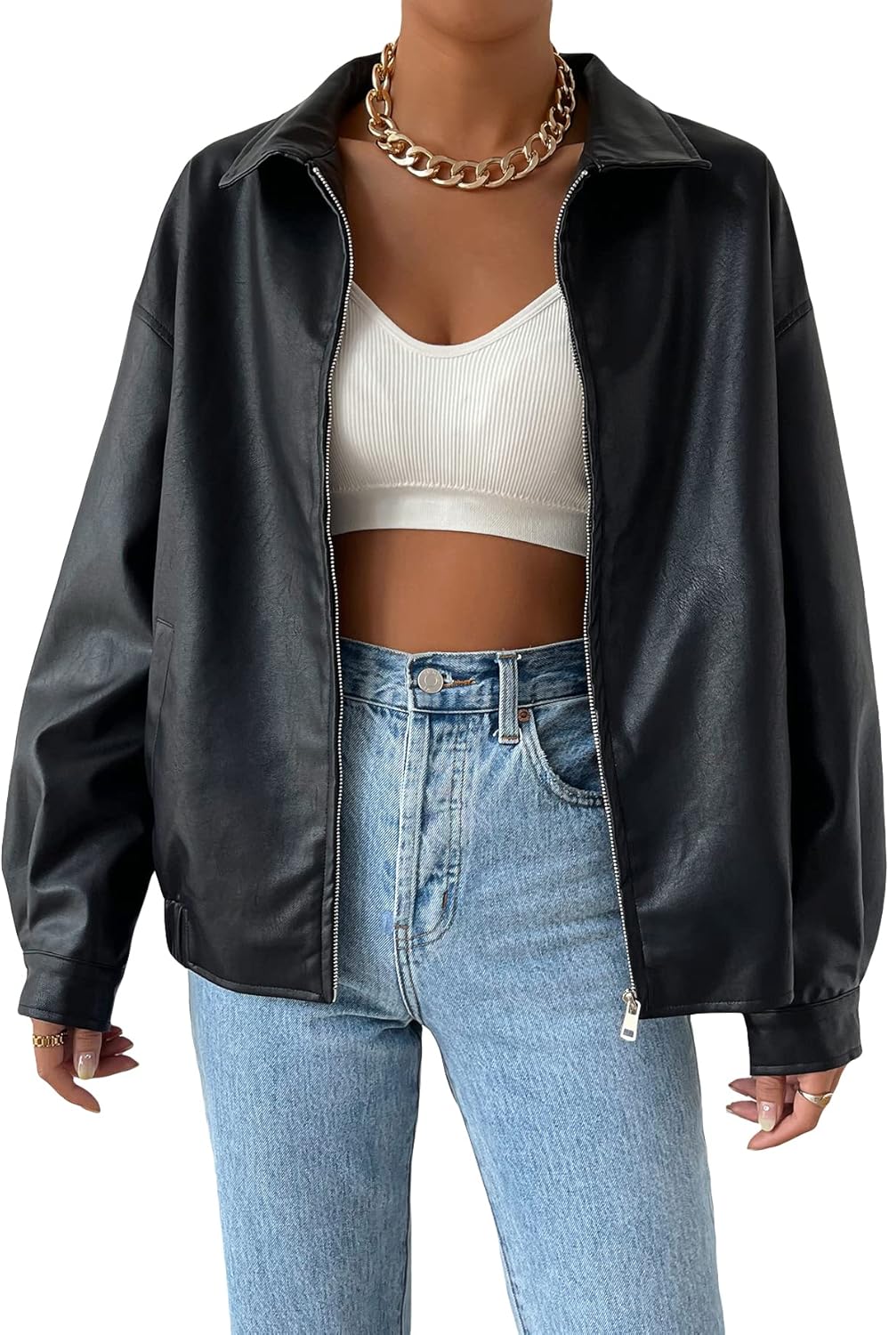 MakeMeChic Women's Faux Leather Shacket Long Sleeve Zip Up Motorcycle Jacket Biker Coat