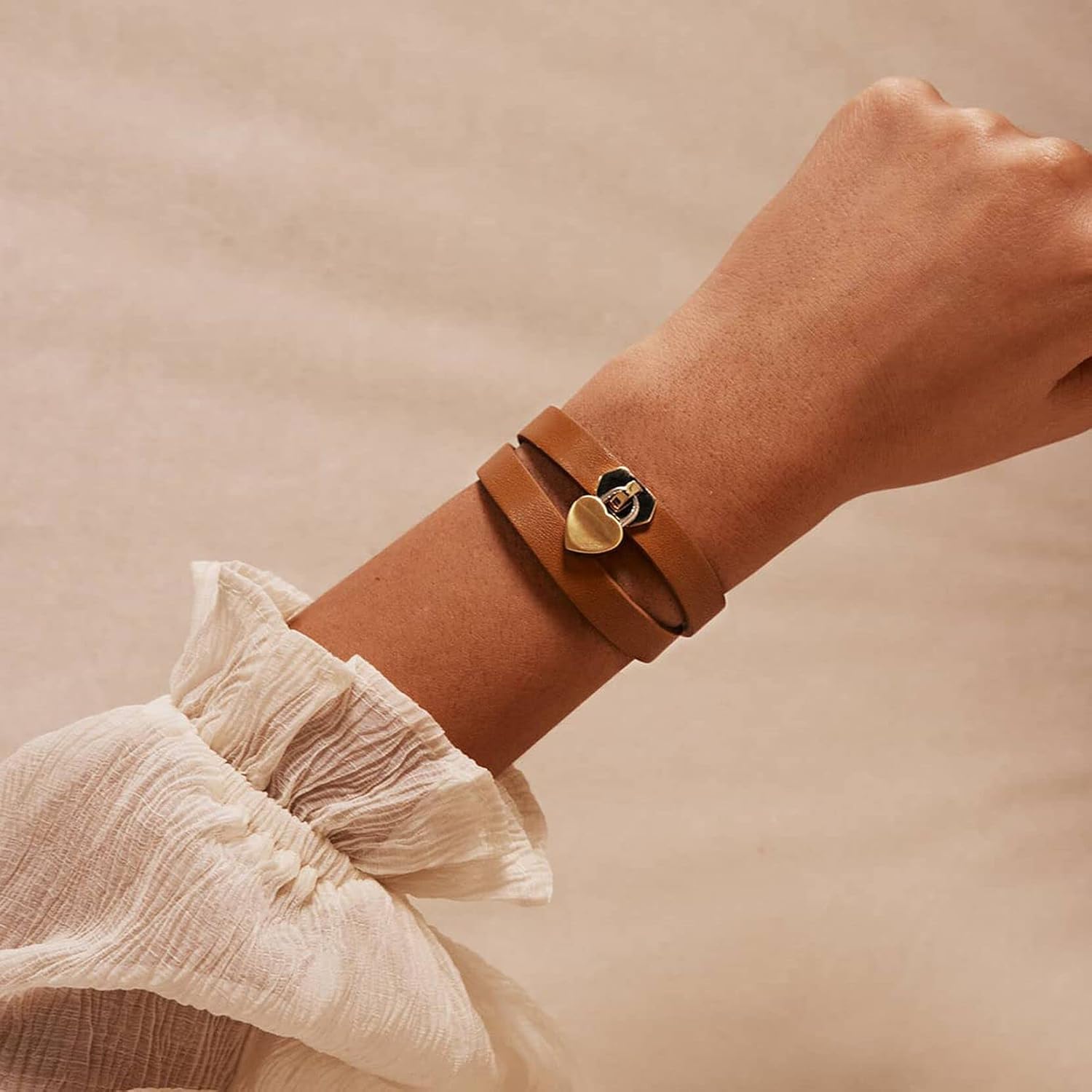 MVMT Double Leather Heartlock Bracelet for Women, Tan