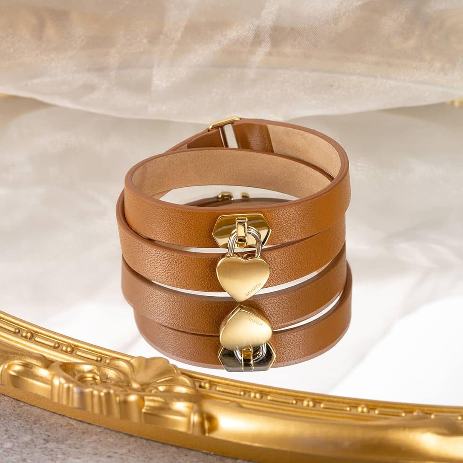 MVMT Double Leather Heartlock Bracelet for Women, Tan