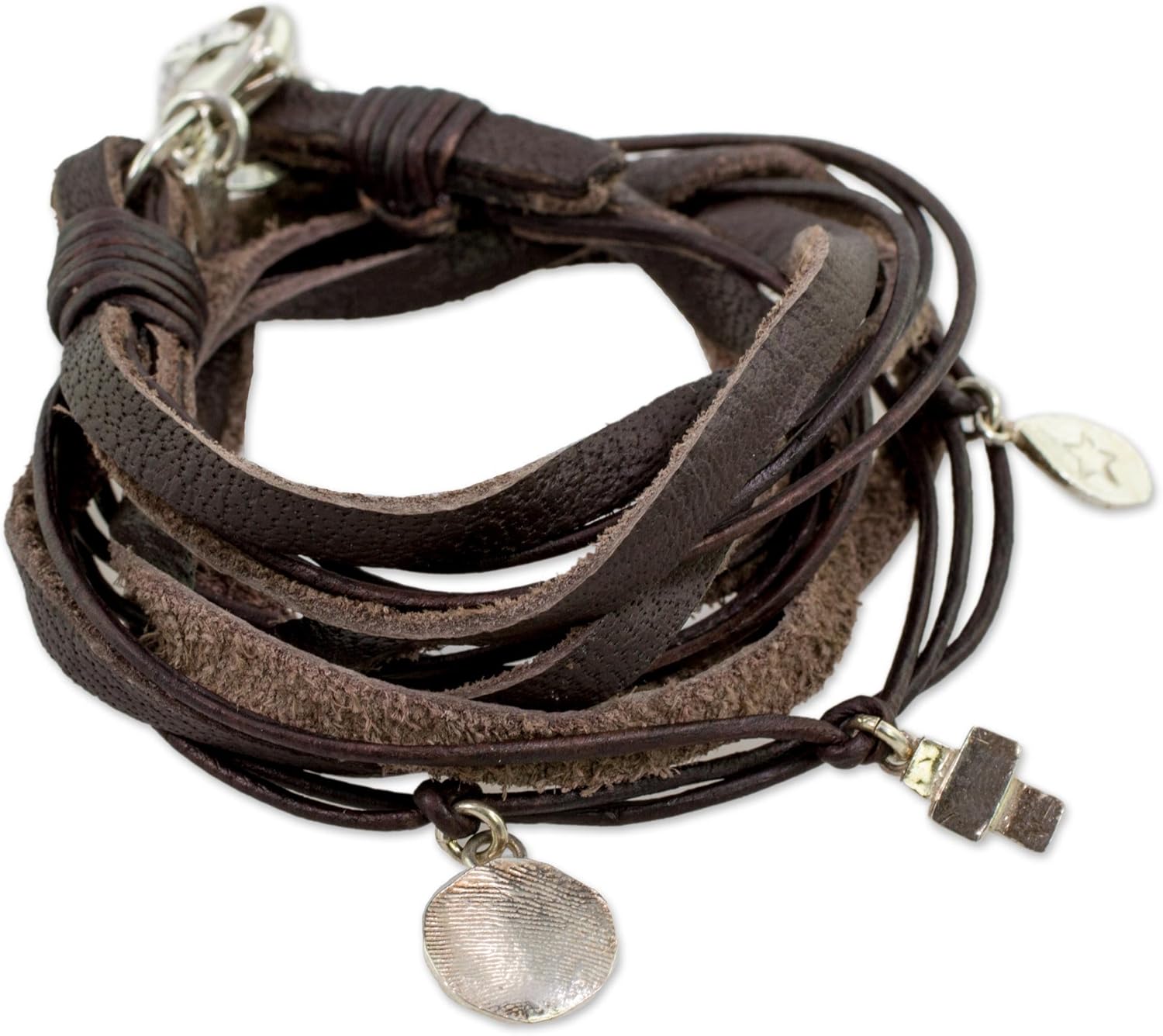 NOVICA Handmade Boho Leather Wrap Charm Bracelet - Stylish and Versatile Silver Charm Bracelets for Women and Men - Trendy Fashion Accessory, Stellar Imprint'